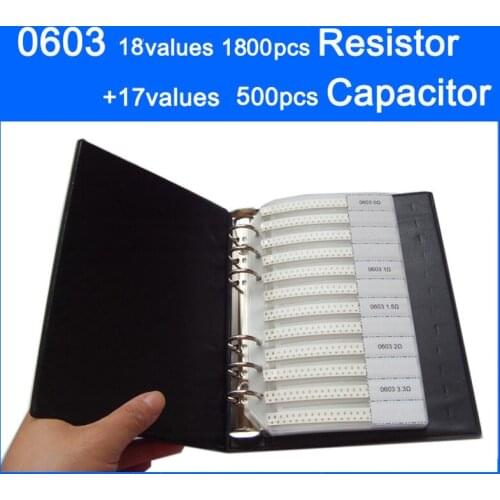 New 0603 SMD Sample Book 18values 1800pcs Resistor 4.7R~2M Kit and 17values 500pcs 15pF~1uF Capacitor Set