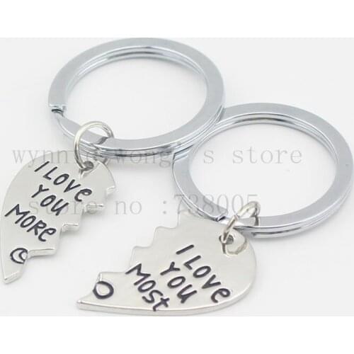 2016 new broken heart 2 parts necklace" I Love You More I Love You Most" Handstamped Couples Keychain & necklace Set Love Gift