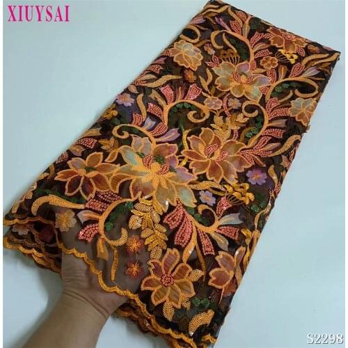 Orange Sequins African Lace Fabric 2021 High Quality Nigerian French Tulle Lace Fabric Sequined Mesh For Wedding Sew