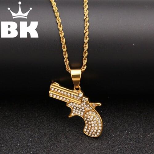 Gold Tone Stainless Steel An Inverted Full Drill Tail Gun Pendant Necklace Necklace Free 3mm 24inch Cuban Chain