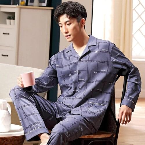 Mens stripe pajamas long sleeve cotton spring and autumn cardigan pajamas mens elegant plus size household suit mens youth