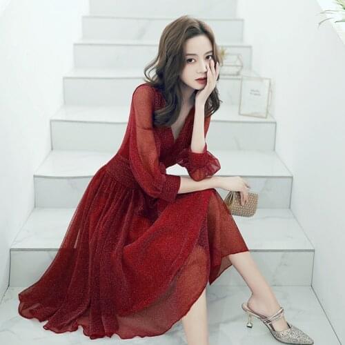 New wine short half sleeve sequined lady girl women princess bridesmaid banquet party dress gown free ship