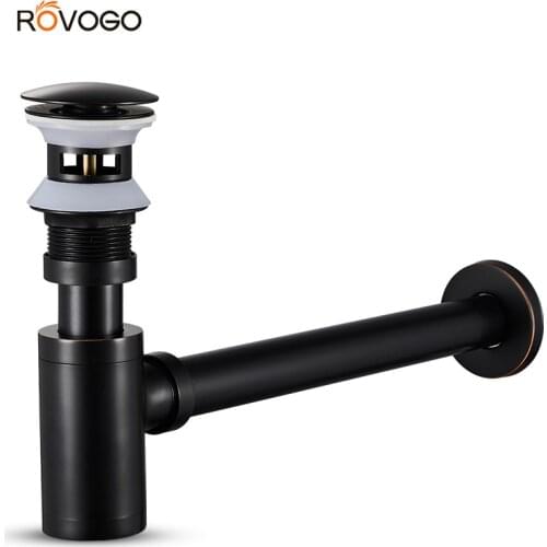 ROVOGO Bathroom Sink Stopper P-Trap Adjustable Bottle Trap, Solid Brass Sink Drain Kit Tube with Pop Up Drain Stopper Black