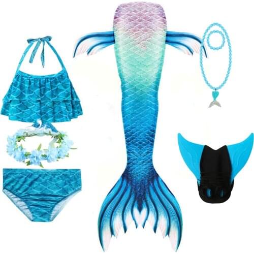 Girls Blue Mermaid Tail Swimsuit With Monofin Fin for Kids Children Bikini Bathing Swimming Costumes Christmas Cosplay Dress