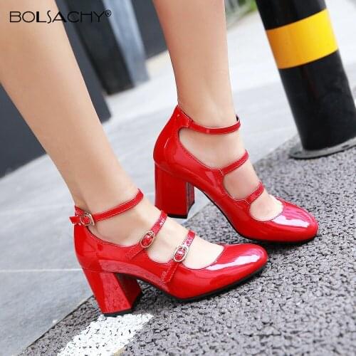 2021 Women High Heels Sexy Bride Party Pumps Round toe Ankle buckle Shallow mouth Thick Heel Shoes Women shoes big size 34-43