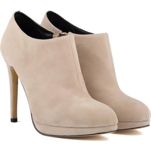 Ankle Boots Womens Flock Slip On ZIP 11CM Thin Heels Round Toe Waterproof platform Short Boot Party OL Office Woman shoes