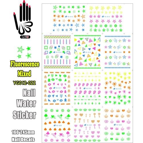 11 Sheets/Lot Nail Water YG012-022 Fluorescence Mixed Star Block Desings Nail Art Sticker Water Manicure Decals(11 DESIGNS IN 1)