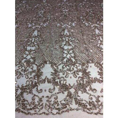 Ap233 # 5 yards champagne gold pearls dobby print glued glitter tulle mesh sugar bridal lace fabric for sawing dress