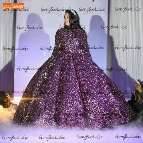 Ball Gown Purple Evening Dresses Long Sleeve Lace Up Sequin Sparkly Reflective Dress Women Party 2020 Custom Made Robe De Soiree
