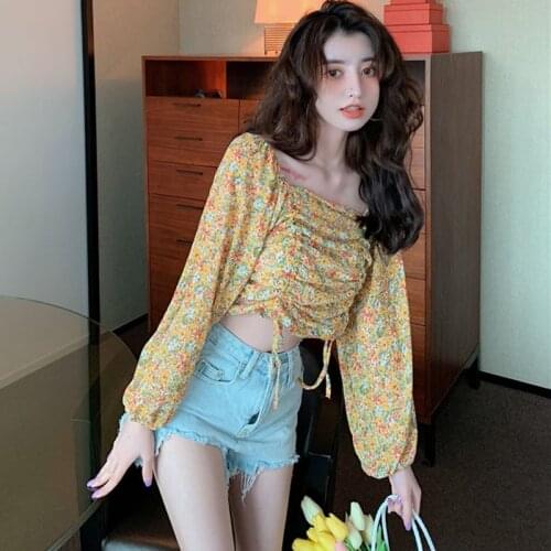 Women Blouses Korean Floral Slash Neck Blouse Top Pleated Drawstring Small Fresh Shirt Tops