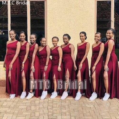Burgundy Long Bridesmaid Dresses One Shoulder Detachable Train African Maid Of Honor Wedding Party Dress Plus Size Formal Gowns