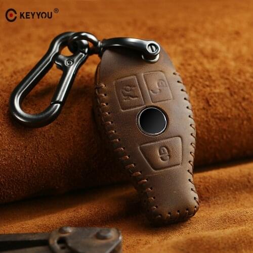 KEYYOU Genuine Leather Car Key Case Cover Keychain For Mercedes Benz W203 W210 W211 W124 W202 W204 AMG Auto Accessories