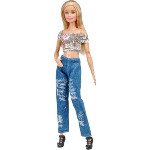 1/6 Floral Charming Crop Tops Jeans Pants Ripped Denim Trousers For Barbie Doll Clothes Outfits 11.5" Dollhouse Accessories Toys