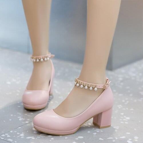 Children Girls High heel Shoes For Kids Princess Sandals Fashion Pearl Thick Heel Shallow Female High heels For Party Wedding