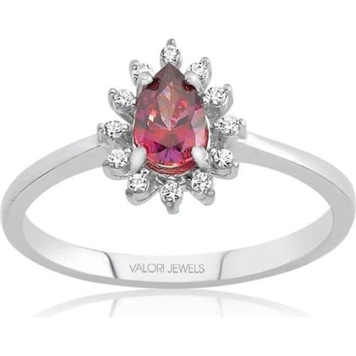 Valori Jewels Elegant Drop, 0.33 Carat, Zirconia Red And White Pear Gemstone, Rhodium Plated, Sterling Silver Solitaire Ring