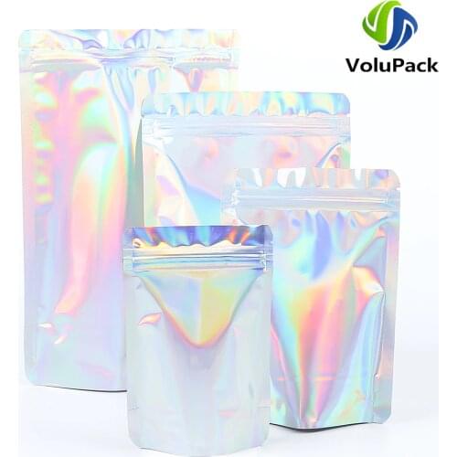 Eco Smell Proof Kitchen Packaging Bags Stand Up Holographic Silver Zipper Clip Pouches Reusable Aluminum Foil Mylar Storage Bags