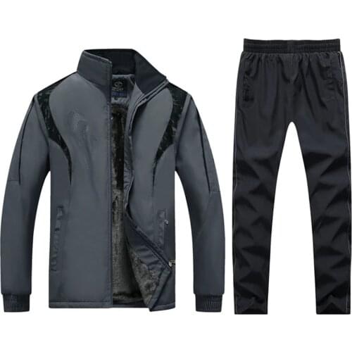 New Mens Sets Autumn Winter Suit 2Piece Jacket+Pants Plus Velvet Male Sportswear Clothing Warm Tracksuit Zip Pocket Size 5XL
