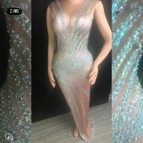 Long dress rhinestone diamond slit dresses for party elegant designer runway dinner robe chic birthday wedding vestido spandex