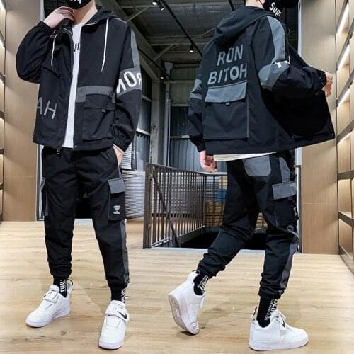 2020 Mens Cargo Pullover Streetwear Hooded Tracksuit 2 Pieces Sets Jackets And Cargo Pants Loose Fit Pants Hip Hop ABZ560