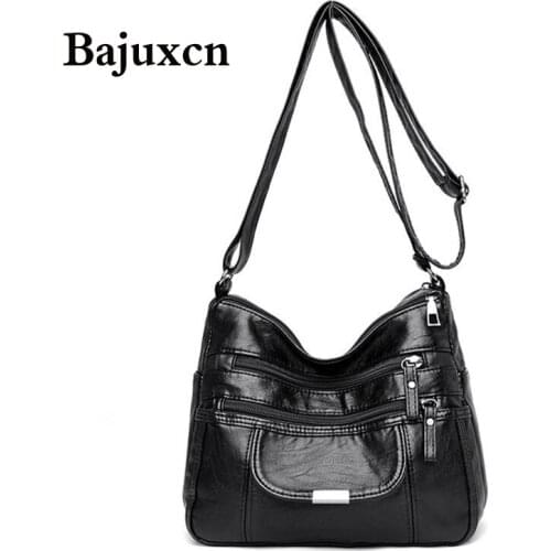 2021 new Retro womens bag double zipper shoulder bag fashion soft leather handbag simple messenger bag trend multi-pocket bag