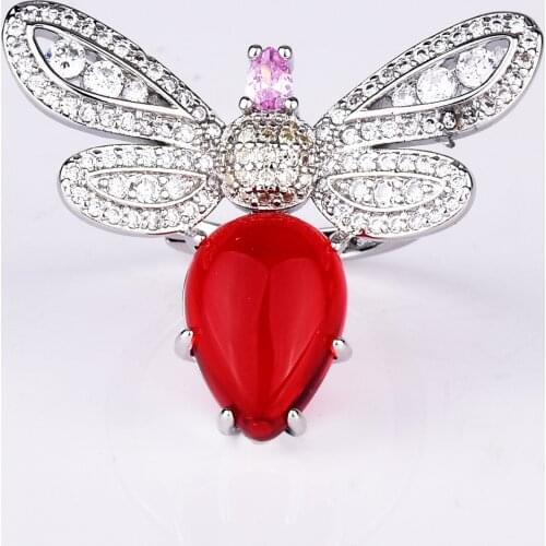 QTT New Arrival Cute Honeybee Vintage 925 Sterling Silver Rings For Woman With Red Crystal Wedding Accessories Jewelry