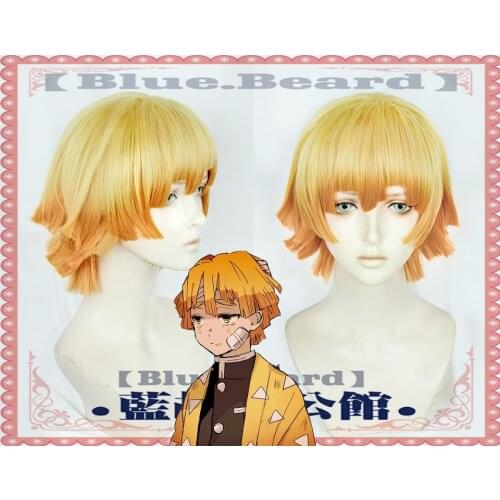 Zenitsu Agatsuma Demon Slayer Kimetsu No Yaiba Short Golden Brown Wig Heat Resistant Hair Cosplay Costume Wig + Free Wig Cap