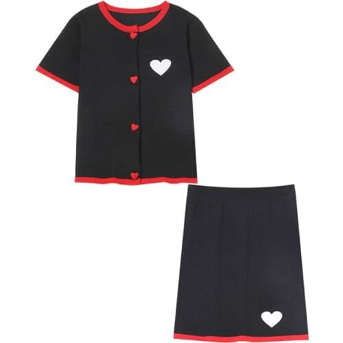 PERHAPS U Women Set Two Pieces Set Knitted Heart Print White Black T0232