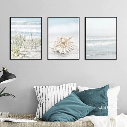 Nordic Posters Sandy Beach Seascape Conch Wall Art Watercolor Canvas Pictures For Living Room Bedroom Decor Painting Unframed