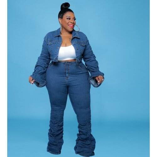 RMSFE 2021 Large Women Clothing Autumn and Winter New Denim Long Sleeve Lapel Top Shrink Pleated Pile Trousers 2 Piece Set