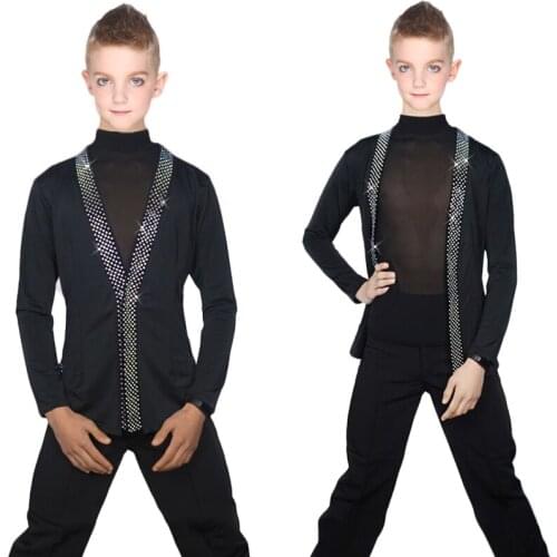 Latin Dance Shirts Boys Black Rhinestone Jacket Coat Vest Children Competition Performance Dancing Top Samba Costumes DNV10247