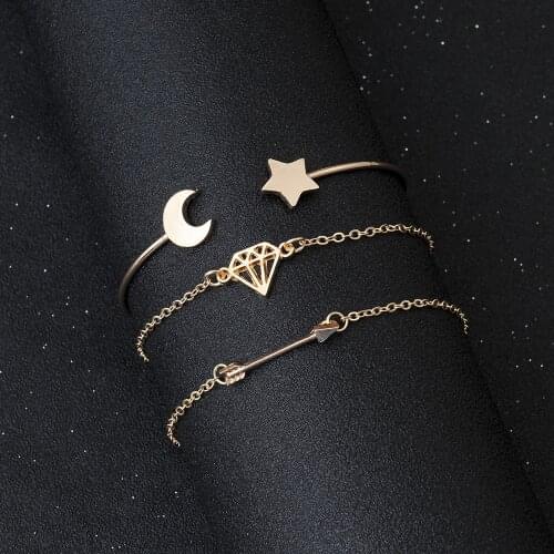 Stillgirl 3Pcs Cute Gold Star Bracelet for Women Charms Kpop Diamond Shaped Open Bangle Boho Female Wrist Jewelry Gift Pulseras