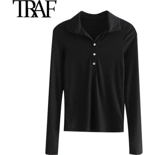 TRAF Women Fashion With Ribbed Trims Knitted Blouses Vintage Long Sleeve Button-up Female Shirts Blusas Chic Tops