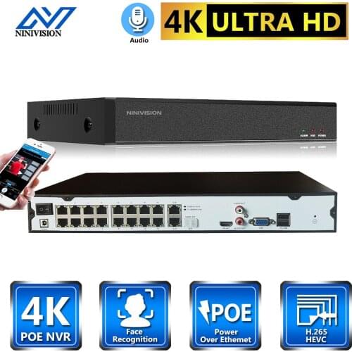 NINIVISION 4K 16CH POE NVR ONVIF H.265+ Audio Out Surveillance Security Video Recorder for POE IP Camera 1080P/4MP/5MP/8MP