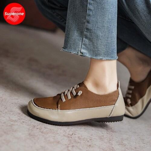 Spring and autumn Vintage Handmade soft leather casual womens shoes with color matching flat bottom and one foot single shoe