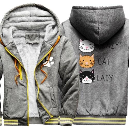 Crazy Cat Lady Mens Thicken Jackets Keep Warm Wool Liner Clothing Casual Korean Style Tops Streetwear Fashion Moletom Masculino