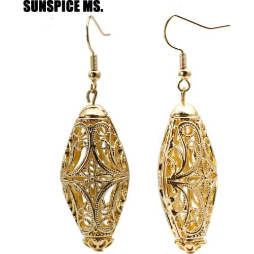 SUNSPICE MS Indian Wedding Gold Color Dangle Earrings For Women Hollow Out Ellipse Egypt Royal Bridal Jewelry Long Hook Earring