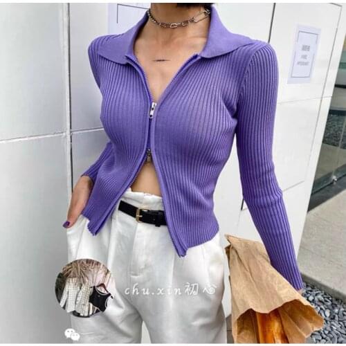 Sexy Zipper Knit Sweater Cardigan Women Slim Ribbed Autumn Crop Top 2021 Solid Knitwear Long Sleeve Turn-down Collar Cardigans