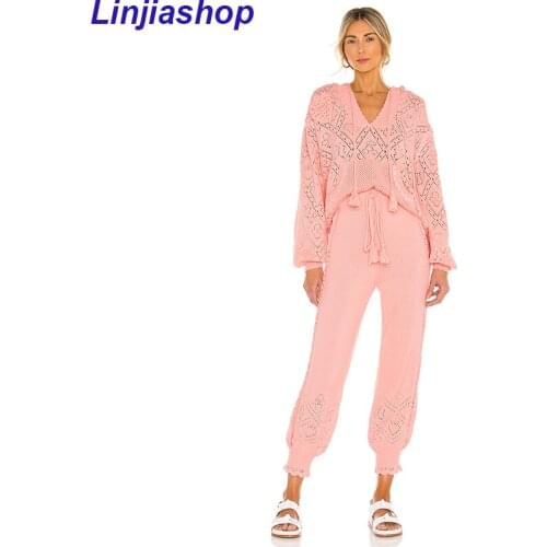 England Vintage Fashion Solid Hollow Out Embroidery Hooded Sweaters Women Pullovers Ruffles Knitted Harem Pants Sets