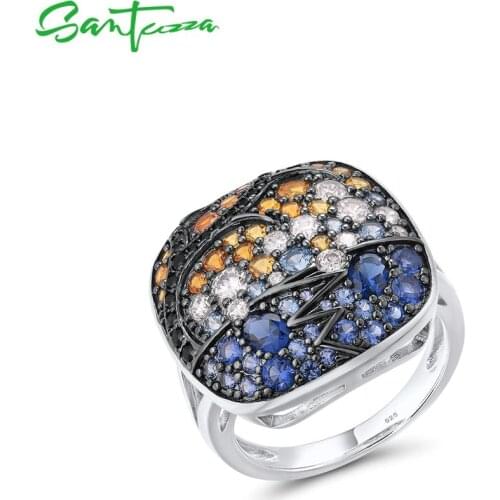 SANTUZZA Silver Ring For Women Pure 925 Sterling Silver Shimmering Blue Orange Stones Classical Square Trendy Party Fine Jewelry