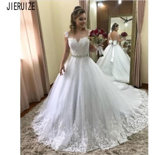 JIERUIZE Vestido De Noiva Elegant Backless Wedding Dresses O Neck Lace Appliques Crystal Sashes Bow Shiny A Line Wedding Gowns