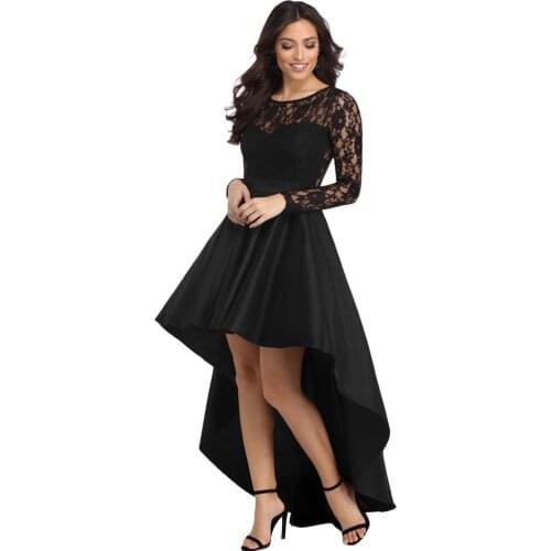 Large Swing Mermaid Party Dress Lace Dress Black Red Blue Ladies Hollow Evening Party Dress O Neck Long Sleeve Satin Ball Dress