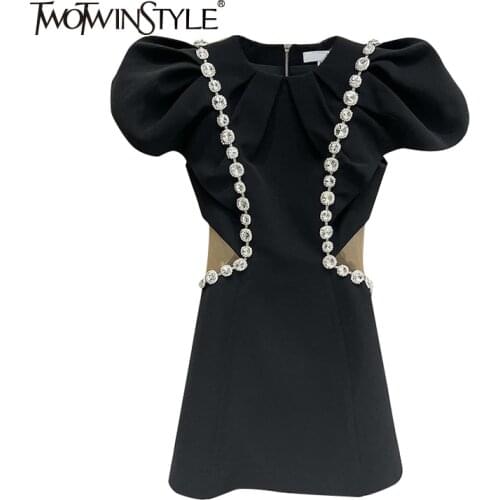 TWOTWINSTYLE Vintage Black Patchwork Dress For Women O Neck Puff Short Sleeve High Waist Hollow Out Mini Dresses Female 2021 New