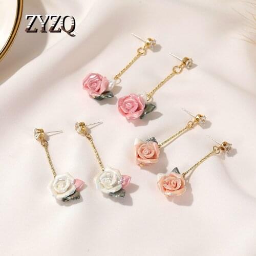 ZYZQ New Bridal Dinner Earrings French Rose Earrings For Women Composite Resin Long Hanging Earrings Fashion Wedding Earrings