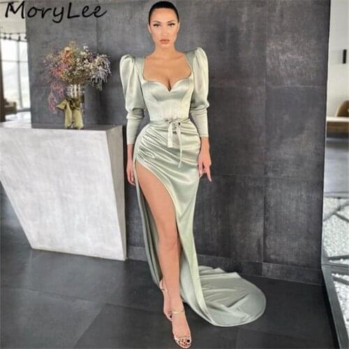 Fancy Prom Dresses Long Sleeves Spandex Satin Pleated Side Slit Prom Dresses With Zipper Back vestidos de fiesta de noche