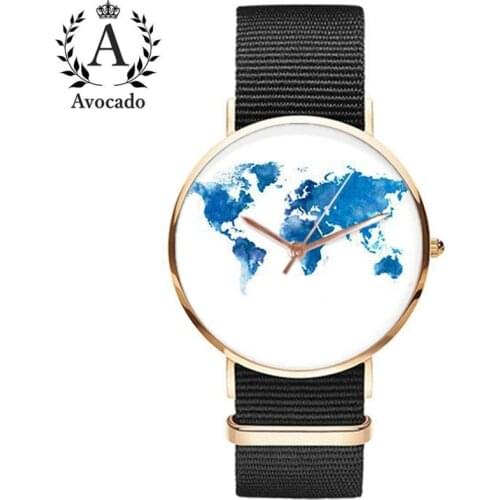 New WomenS World Map Watch Black Canvas Strap Quartz Movement 3 Hands Rose Ladies Wristwatches