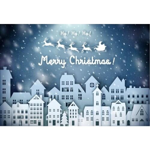 Merry Christmas Snowflake Backdrop City Buildings Flying Deer Pulling Sleigh Background Family Vacation Party Photography Props