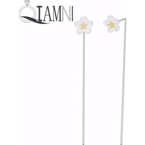 QIAMNI Womens Beautiful Lotus Flower Piercing Long Drop Dangle Earring Girl Party Weddings Jewelry Gift Brincos Pendientes
