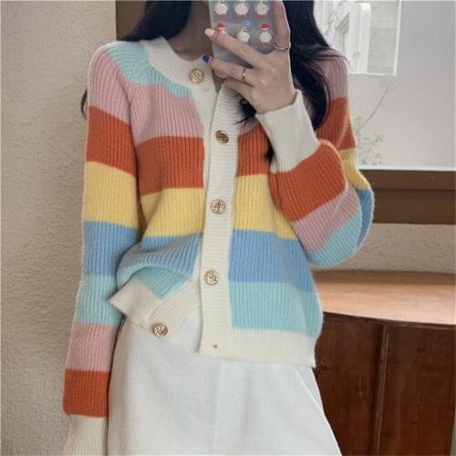 Alien Kitty Rainbow Stripes Knitwear Sweater Femme Warm OL 2021 Sweet Lady Soft Streetwear Autumn All Match Cardigans Tops Coats