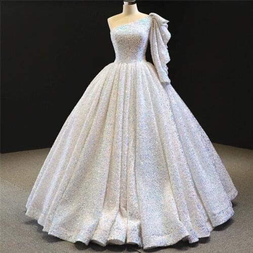 Women Long Sequin Quinceanera Dresses One Shoulder Graduation Prom Dress 2021 Ruffles Ball Gowns Vintage Dress