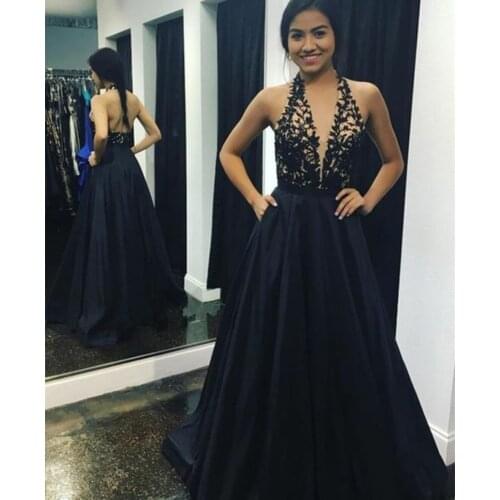 Sexy A-Line Lace Chiffon Long V-Neck Prom Dresses Zipper Back Floor Length Black Robe De Soiree Red Formal Party Gown